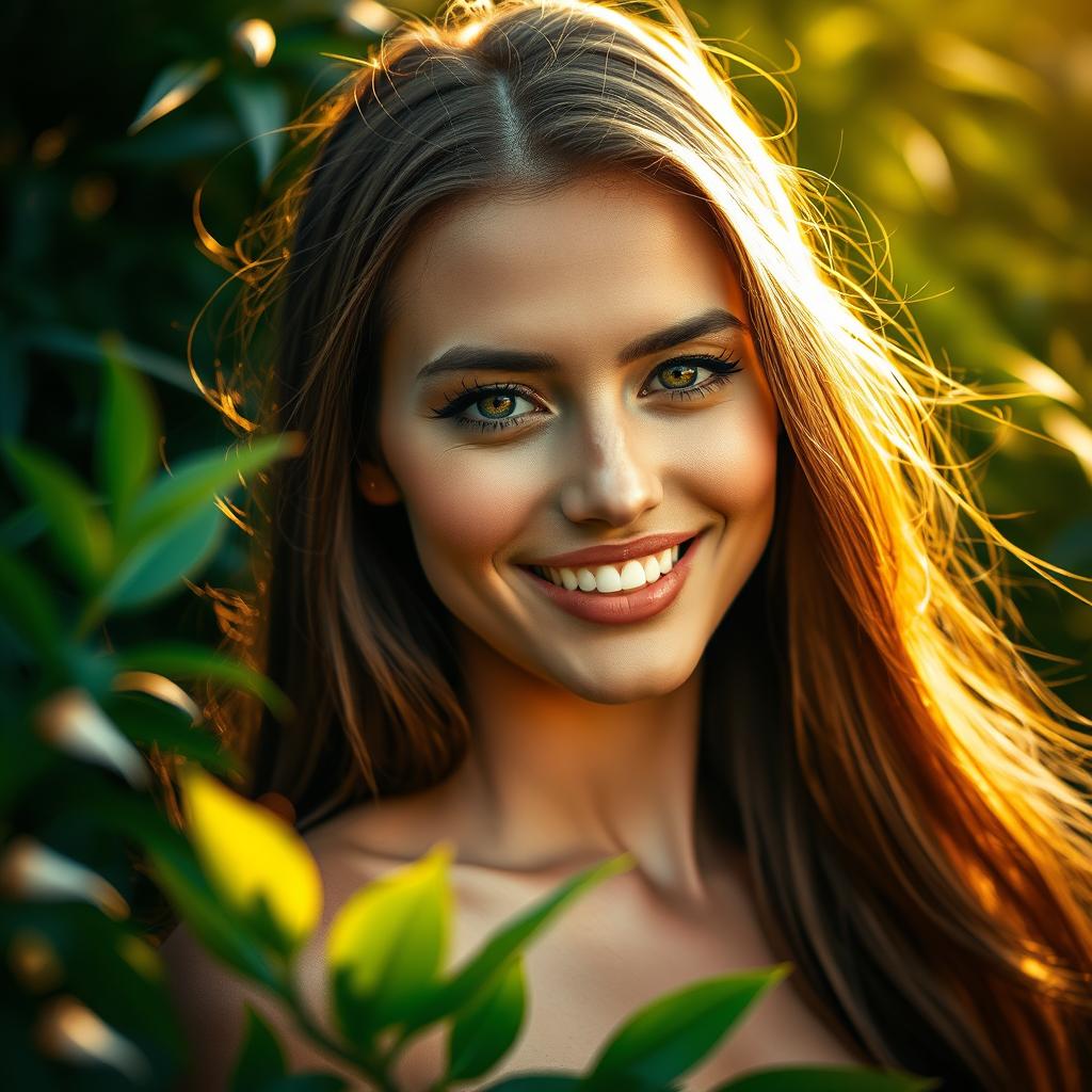 Beautiful woman with a captivating smile, radiant skin, and sleek, flowing hair under a gentle breeze