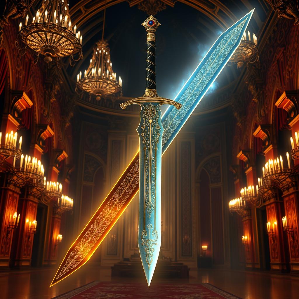 A legendary sword of the kings, crafted with intricate golden engravings along its blade, emanating an ethereal glow