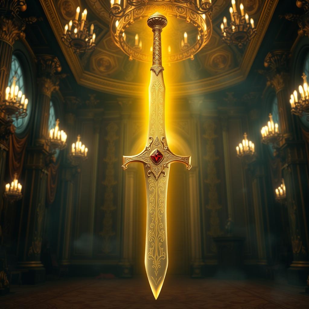 A legendary sword of the kings, crafted with intricate golden engravings along its blade, emanating an ethereal glow