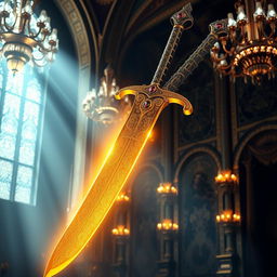 A legendary sword of the kings, crafted with intricate golden engravings along its blade, emanating an ethereal glow