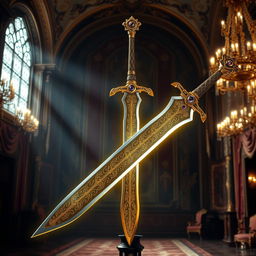 A legendary sword of the kings, crafted with intricate golden engravings along its blade, emanating an ethereal glow