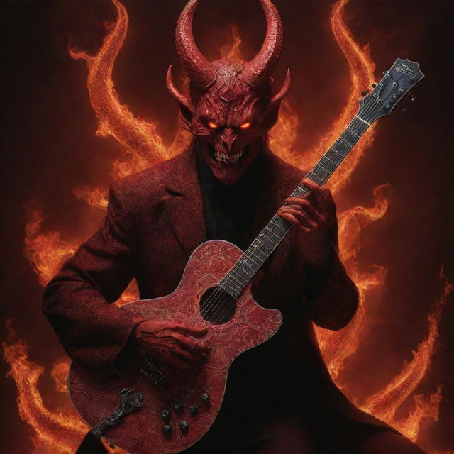 A breathtakingly beautiful, red Satan with glowing eyes, enveloped in flames, playing a guitar adorned with intricate snake patterns in a dystopian backdrop