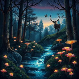 An enchanted forest at dusk, surrounded by tall, mystical trees with glowing branches, scattered with vibrant, bioluminescent mushrooms