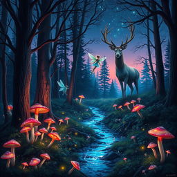 An enchanted forest at dusk, surrounded by tall, mystical trees with glowing branches, scattered with vibrant, bioluminescent mushrooms