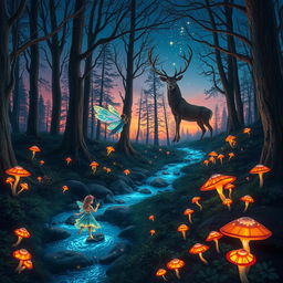 An enchanted forest at dusk, surrounded by tall, mystical trees with glowing branches, scattered with vibrant, bioluminescent mushrooms