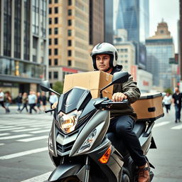 A diligent motorbike courier delivering a package, riding through a busy city street