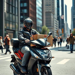 A diligent motorbike courier delivering a package, riding through a busy city street