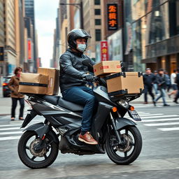 A diligent motorbike courier delivering a package, riding through a busy city street