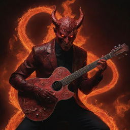 A breathtakingly beautiful, red Satan with glowing eyes, enveloped in flames, playing a guitar adorned with intricate snake patterns in a dystopian backdrop