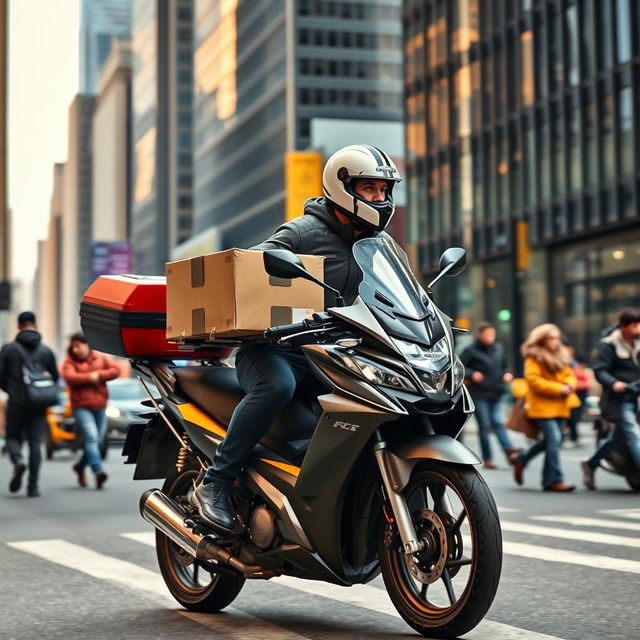 A diligent motorbike courier delivering a package, riding through a busy city street