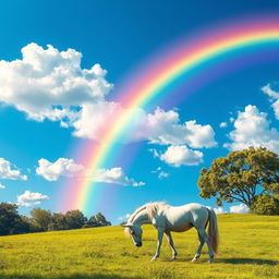 Create a whimsical landscape scene with a vivid rainbow arcing over a lush green meadow