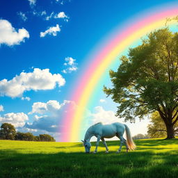 Create a whimsical landscape scene with a vivid rainbow arcing over a lush green meadow