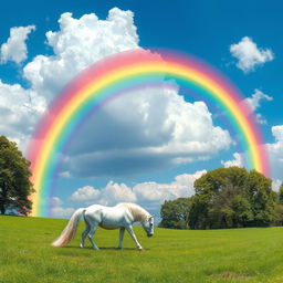 Create a whimsical landscape scene with a vivid rainbow arcing over a lush green meadow