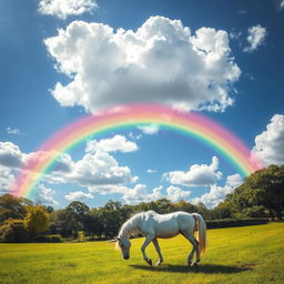 Create a whimsical landscape scene with a vivid rainbow arcing over a lush green meadow