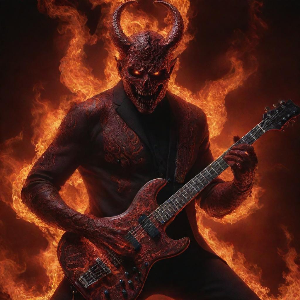 A mesmerizing, red Satan with intense, glowing eyes, engulfed in flames, expertly playing an electric guitar that has intricate snake patterns, set against a dystopian backdrop