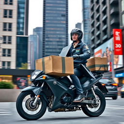 A courier on a motorbike delivering a package, set against a modern urban backdrop