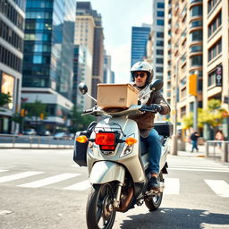 A courier on a motorbike delivering a package, set against a modern urban backdrop