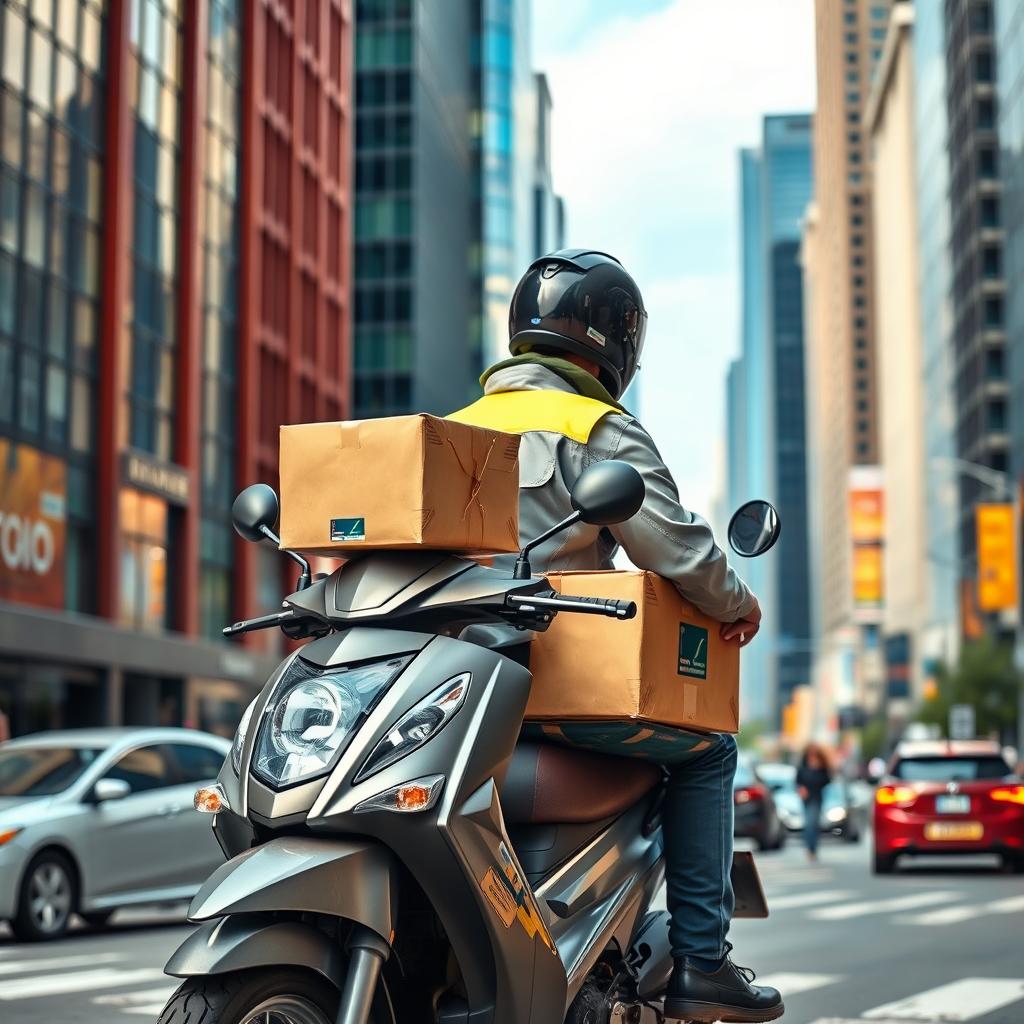 A courier on a motorbike delivering a package, set against a modern urban backdrop