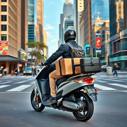 A courier on a motorbike delivering a package, set against a modern urban backdrop