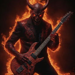 A mesmerizing, red Satan with intense, glowing eyes, engulfed in flames, expertly playing an electric guitar that has intricate snake patterns, set against a dystopian backdrop