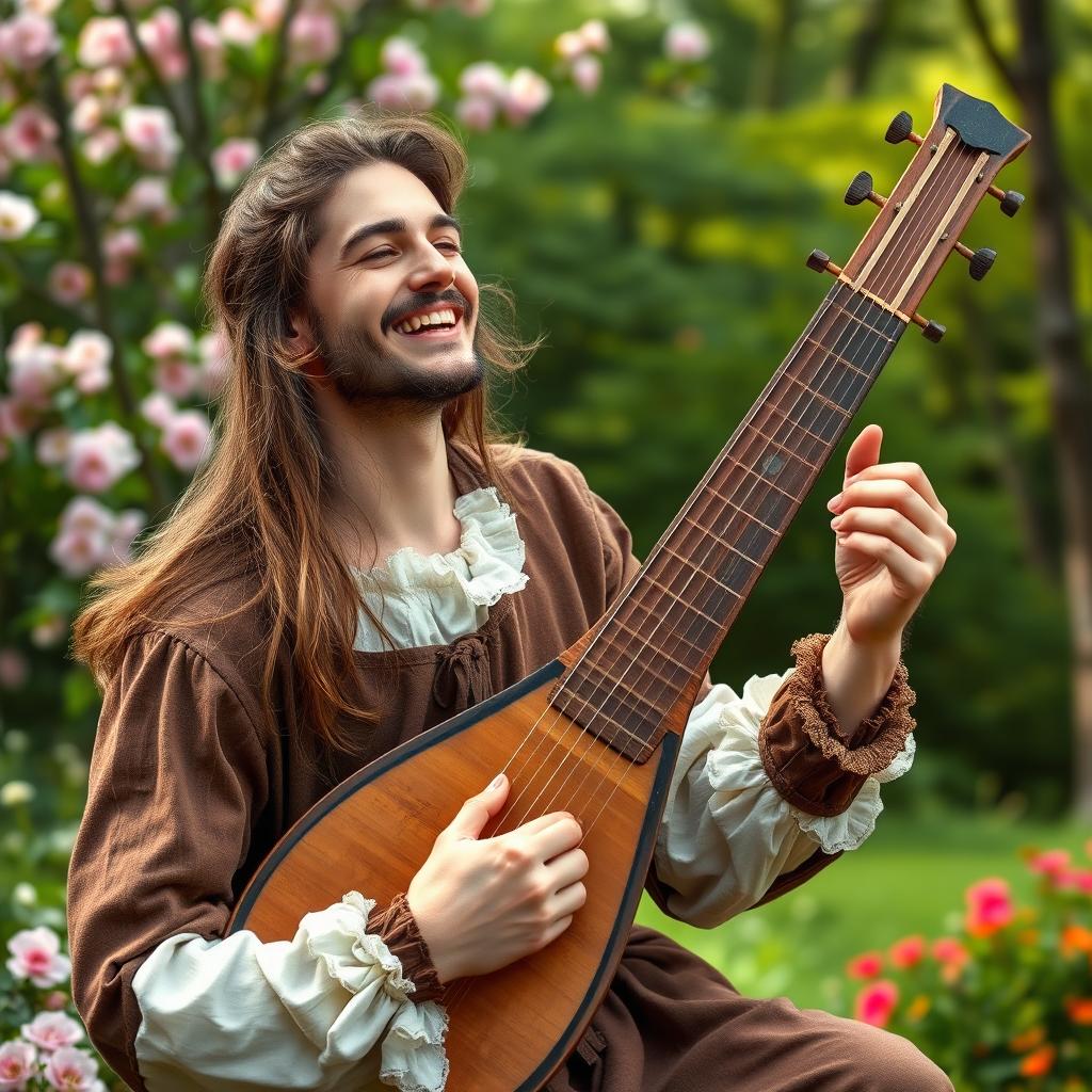 A talented human lute player dressed in renaissance attire, passionately playing a lute in a lush outdoor setting