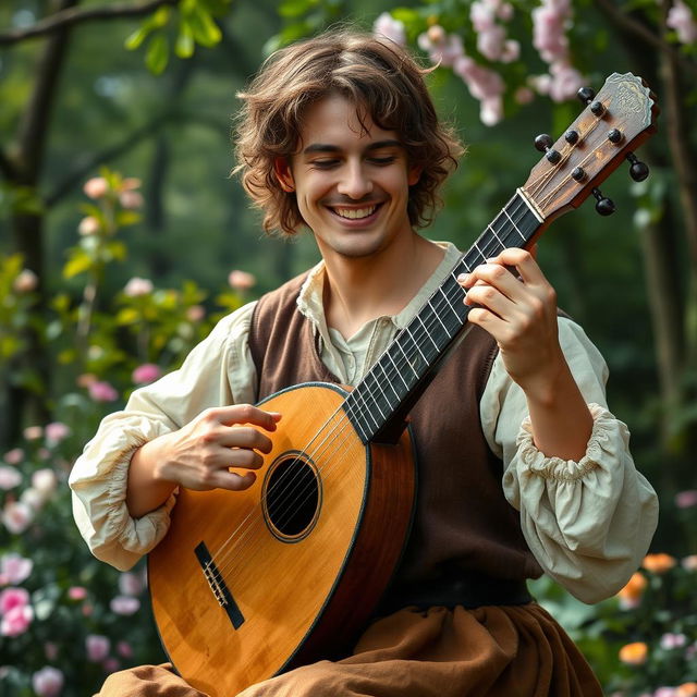 A talented human lute player dressed in renaissance attire, passionately playing a lute in a lush outdoor setting