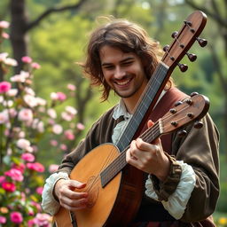 A talented human lute player dressed in renaissance attire, passionately playing a lute in a lush outdoor setting