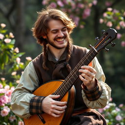 A talented human lute player dressed in renaissance attire, passionately playing a lute in a lush outdoor setting