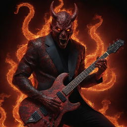 A mesmerizing, red Satan with intense, glowing eyes, engulfed in flames, expertly playing an electric guitar that has intricate snake patterns, set against a dystopian backdrop