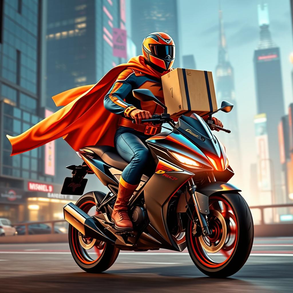 A superhero delivering a package on a motorbike, showcasing their unique powers