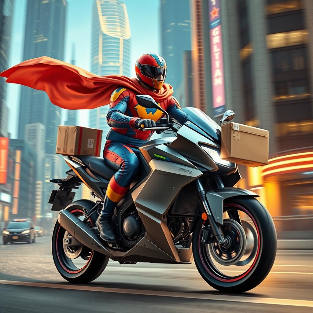 A superhero delivering a package on a motorbike, showcasing their unique powers