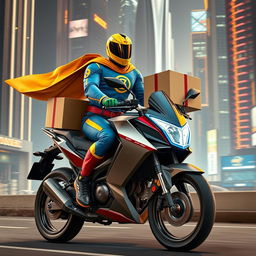 A superhero delivering a package on a motorbike, showcasing their unique powers