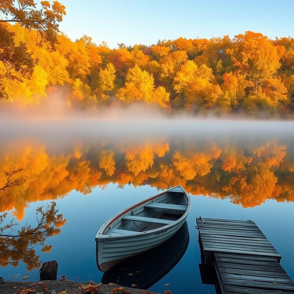 A serene and calming landscape featuring a tranquil lake surrounded by vibrant autumn foliage