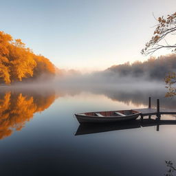 A serene and calming landscape featuring a tranquil lake surrounded by vibrant autumn foliage