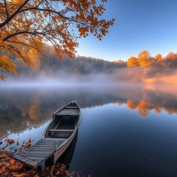 A serene and calming landscape featuring a tranquil lake surrounded by vibrant autumn foliage