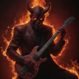 A mesmerizing, red Satan with intense, glowing eyes, engulfed in flames, expertly playing an electric guitar that has intricate snake patterns, set against a dystopian backdrop