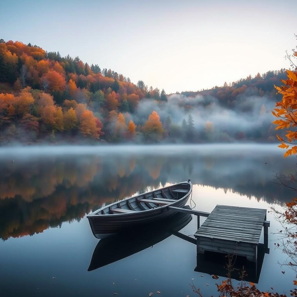 A serene and calming landscape featuring a tranquil lake surrounded by vibrant autumn foliage