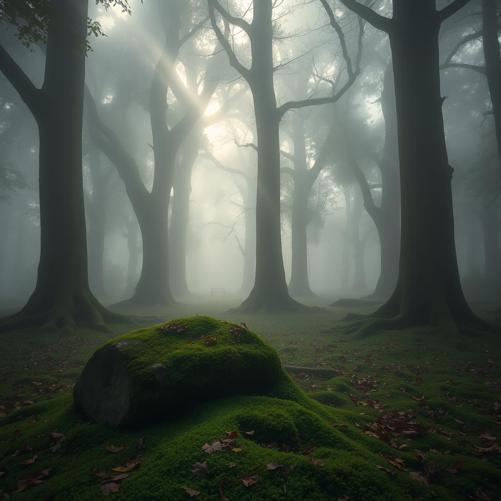 A mysterious foggy forest, with thick mist swirling around ancient, towering trees