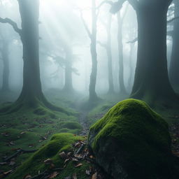 A mysterious foggy forest, with thick mist swirling around ancient, towering trees