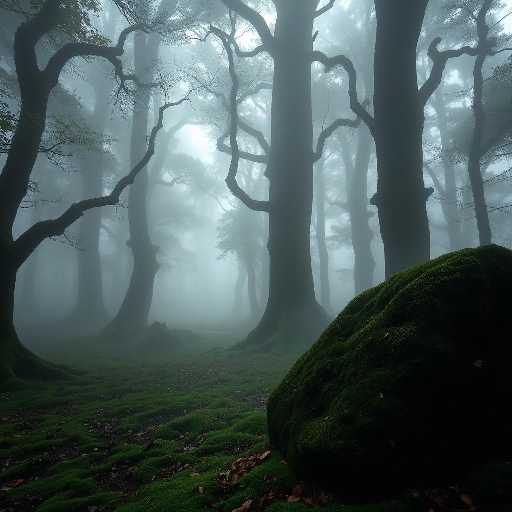 A mysterious foggy forest, with thick mist swirling around ancient, towering trees