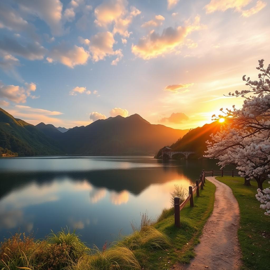 A scenic landscape with a tranquil lake surrounded by lush green mountains, a vibrant sunset casting golden hues over the water, a serene path lined with cherry blossom trees leading to an old wooden footbridge