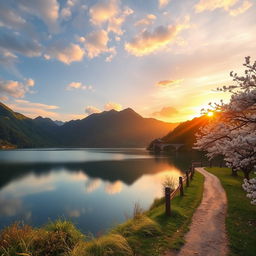 A scenic landscape with a tranquil lake surrounded by lush green mountains, a vibrant sunset casting golden hues over the water, a serene path lined with cherry blossom trees leading to an old wooden footbridge