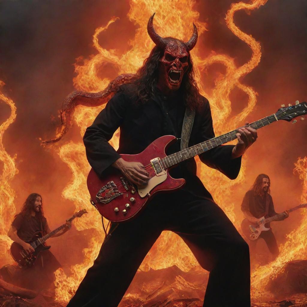 A riveting scene of a divine jam session with a radiant, red Satan intensely playing a snake-embellished electric guitar amidst flames, and Jesus grooving on the drums in a dystopian landscape