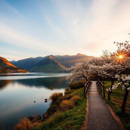 A scenic landscape with a tranquil lake surrounded by lush green mountains, a vibrant sunset casting golden hues over the water, a serene path lined with cherry blossom trees leading to an old wooden footbridge