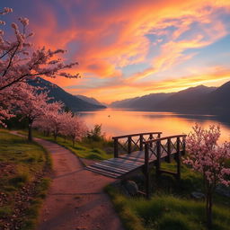 A scenic landscape with a tranquil lake surrounded by lush green mountains, a vibrant sunset casting golden hues over the water, a serene path lined with cherry blossom trees leading to an old wooden footbridge