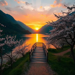 A scenic landscape with a tranquil lake surrounded by lush green mountains, a vibrant sunset casting golden hues over the water, a serene path lined with cherry blossom trees leading to an old wooden footbridge