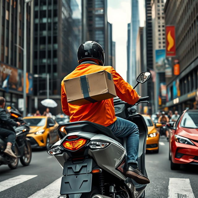 A motorcycle courier delivering a package in a bustling city