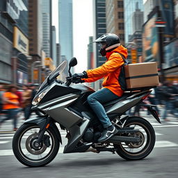 A motorcycle courier delivering a package in a bustling city