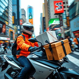 A motorcycle courier delivering a package in a bustling city