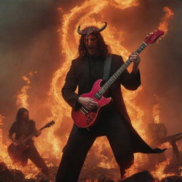 A riveting scene of a divine jam session with a radiant, red Satan intensely playing a snake-embellished electric guitar amidst flames, and Jesus grooving on the drums in a dystopian landscape